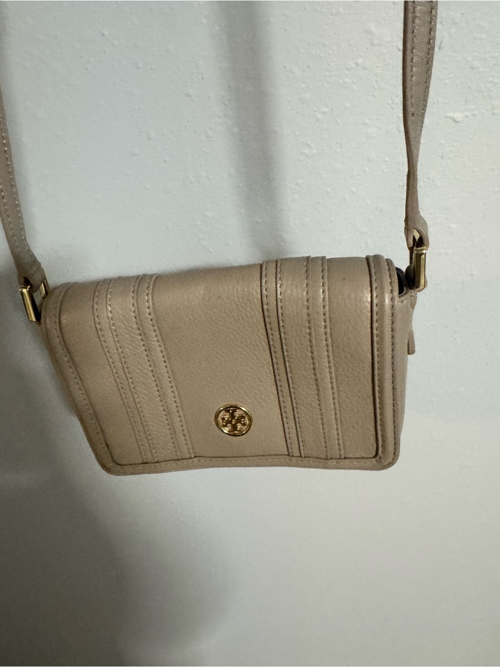 Tory Burch Taupe Leather Quilted Crossbody with Gold Logo